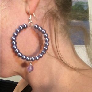Purple Glass Pearl Dangle Hoop Earrings
